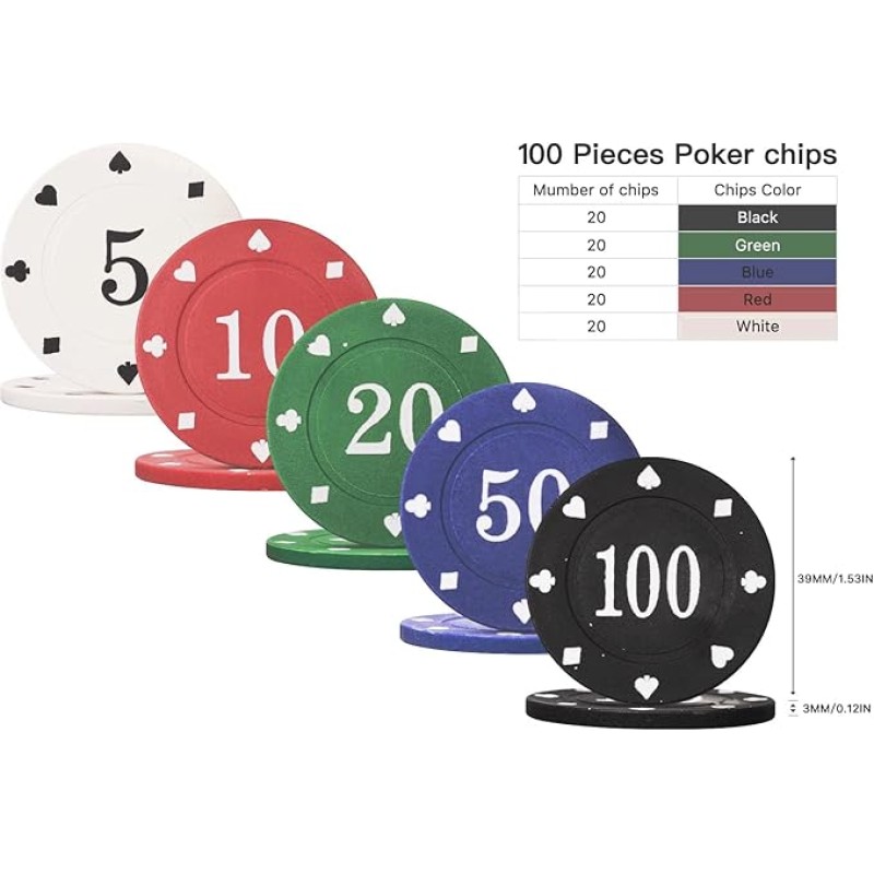 Professional Poker Chips Set, Denomination Poker Chips with Dice Striped Pattern for Card Blackjack Games & Parties - 100 Pieces 