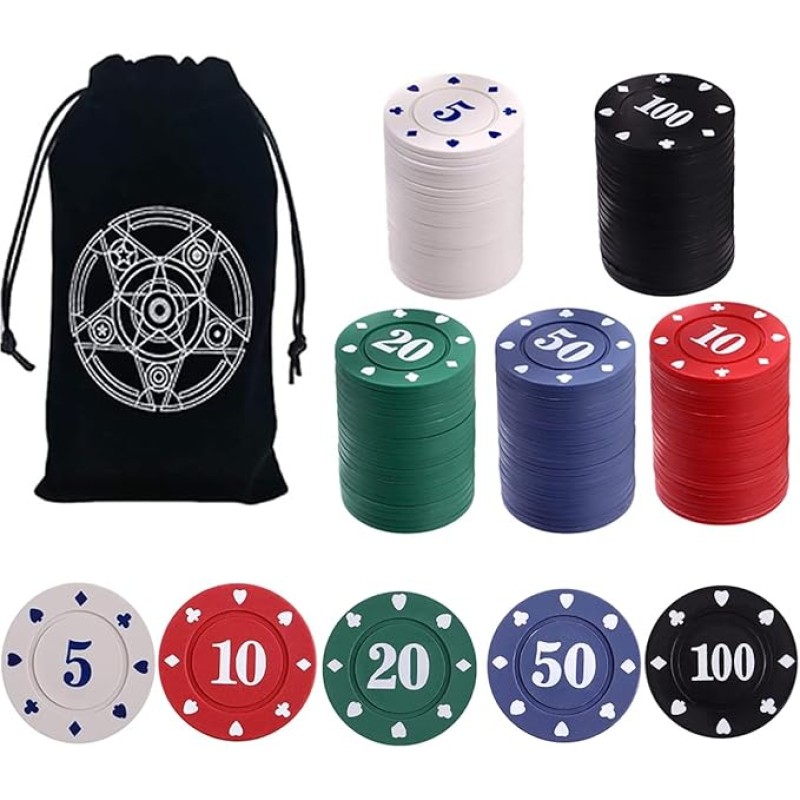 Poker Chips,Denomination Poker Chips Set with Black Velvet Pouch Bag,Plastic Learning Counters Disks and Learning Math Counting Chips,Game Night Party Supplies(100pcs) 