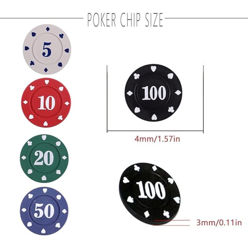 Poker Chips,Denomination Poker Chips Set with Black Velvet Pouch Bag,Plastic Learning Counters Disks and Learning Math Counting Chips,Game Night Party Supplies(100pcs) 