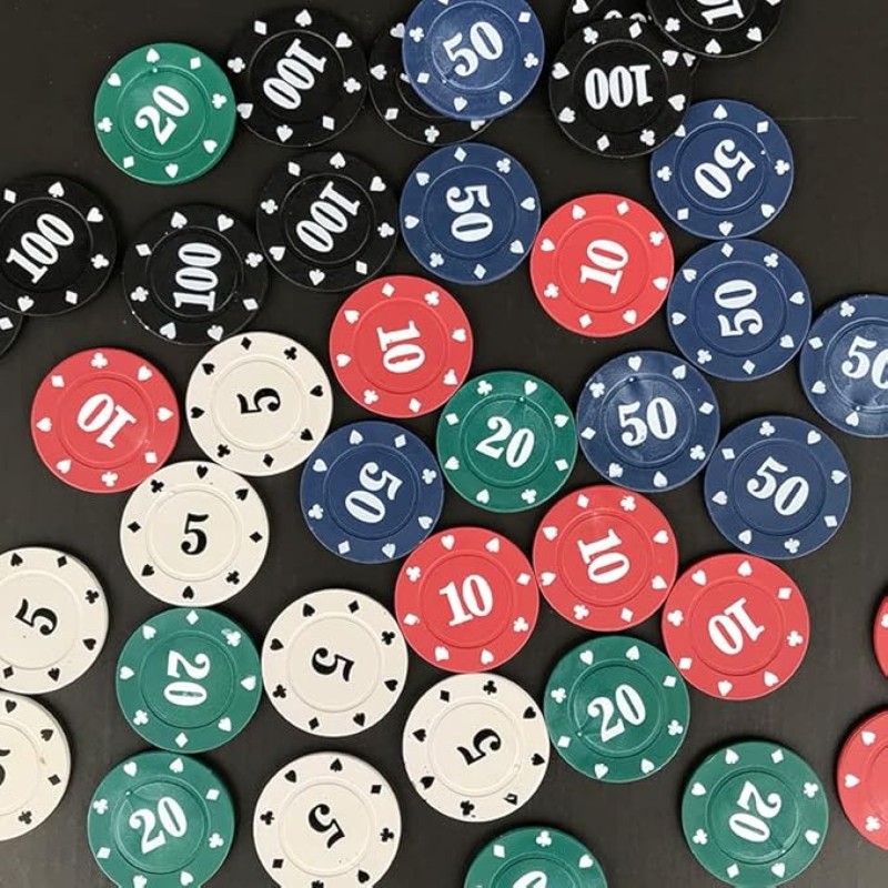Poker Chips,Denomination Poker Chips Set with Black Velvet Pouch Bag,Plastic Learning Counters Disks and Learning Math Counting Chips,Game Night Party Supplies(100pcs) 