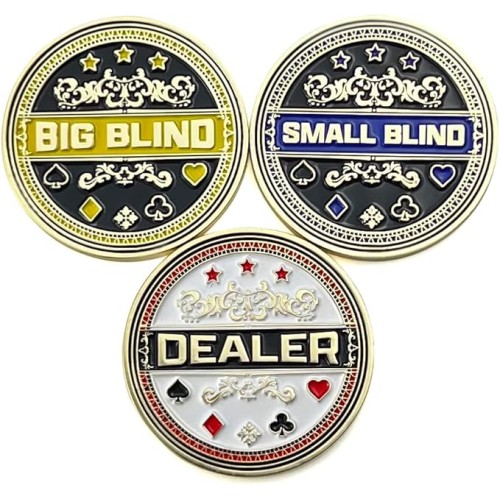 Luck Lab Set of 3 Metal Poker Buttons - Dealer Button, Big Blind and Small Blind Metal Weights (Position Markers) for Texas Hold Em - 1.75 inch