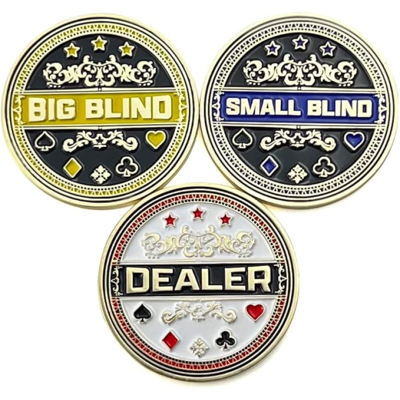 Luck Lab Set of 3 Metal Poker Buttons - Dealer Button, Big Blind and Small Blind Metal Weights (Position Markers) for Texas Hold Em - 1.75 inch 