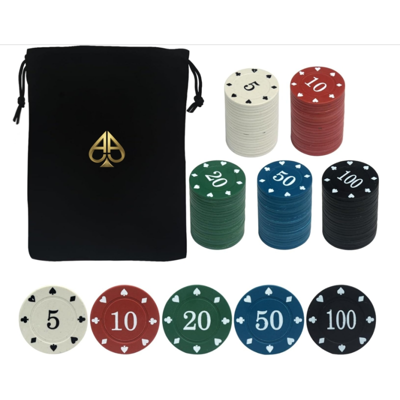 Poker Chips,Denomination Poker Chips Set with Black Velvet Pouch Bag,Plastic Learning Counters Disks and Learning Math Counting Chips,Game Night Party Supplies(100pcs) 